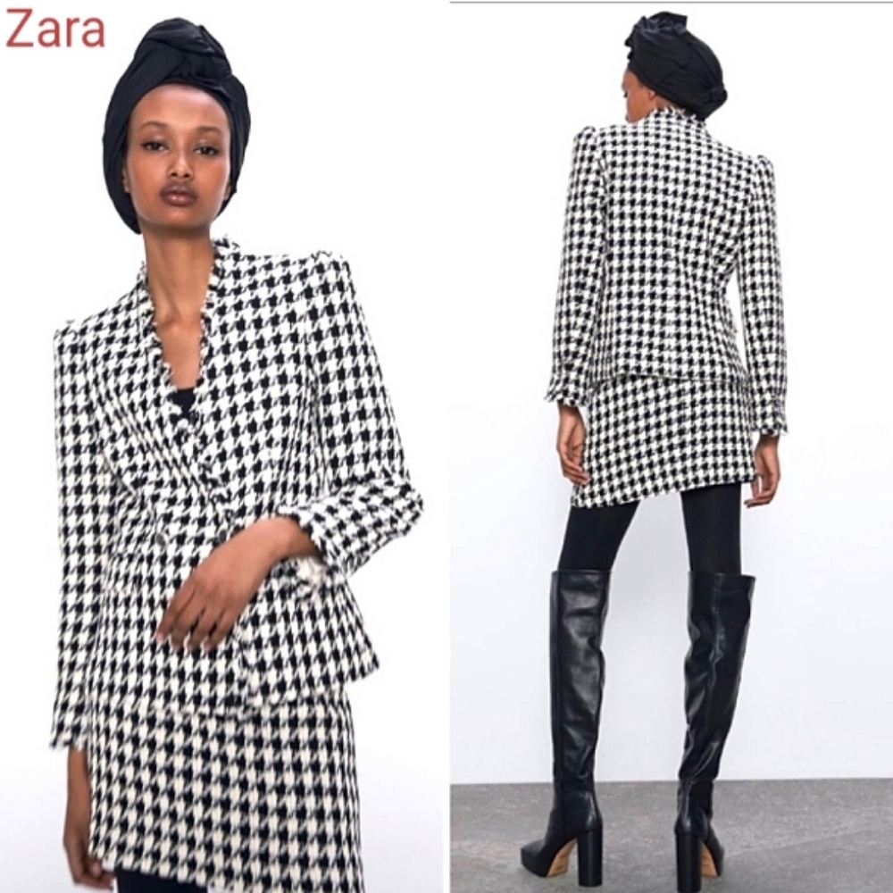 ZARA DOUBLE BREASTED TWEED FRINGE HOUNDSTOOTH BLAZER